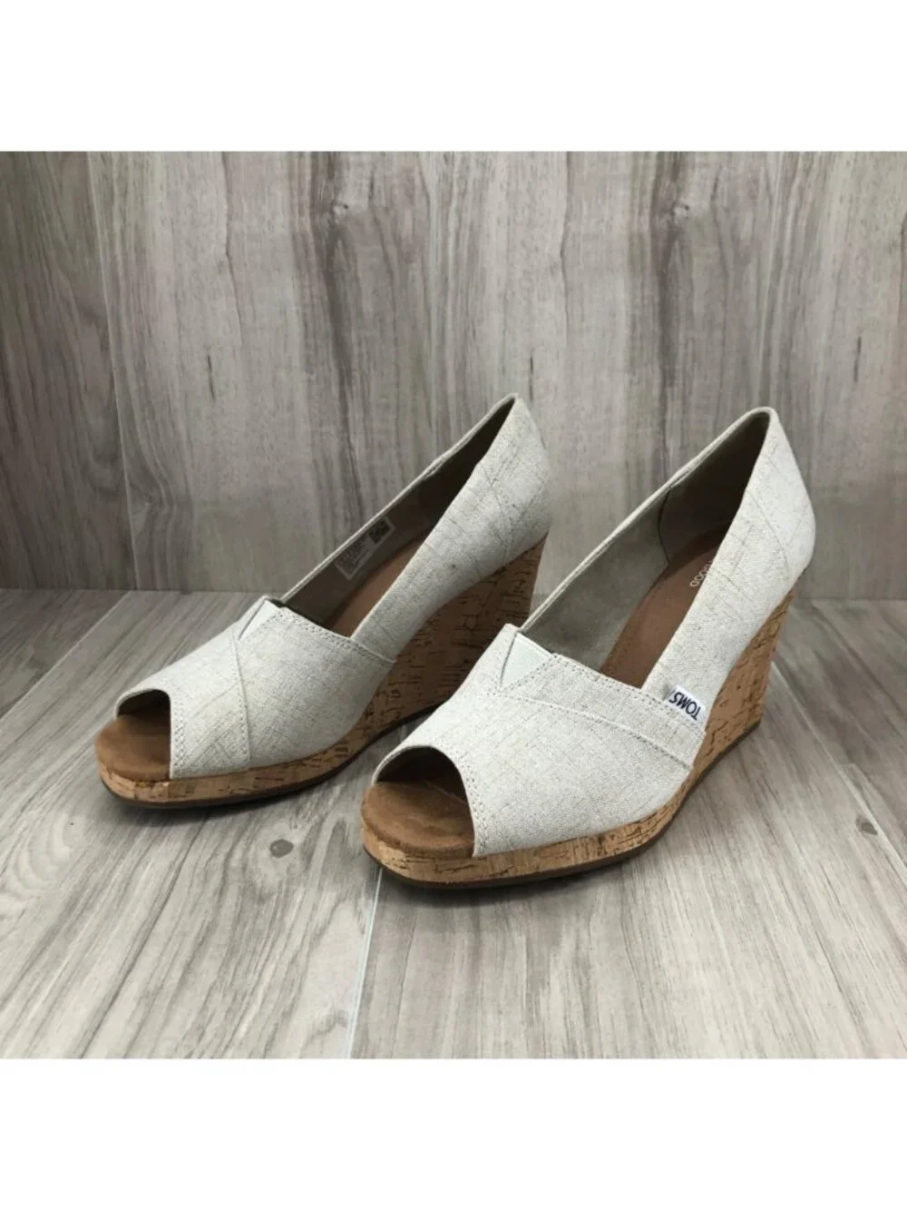 Toms Wedges Womens 8 Tan Slip On Peep Toe Cork Wedge Shoes